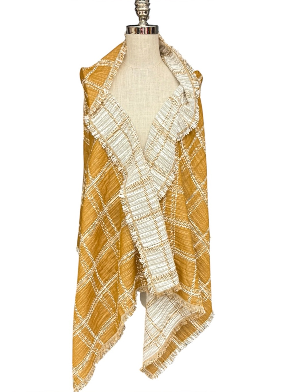 Madewell Mustard Plaid Blanket Scarf Wrap Fringe Large Shawl Wool Blend - Picture 8 of 10